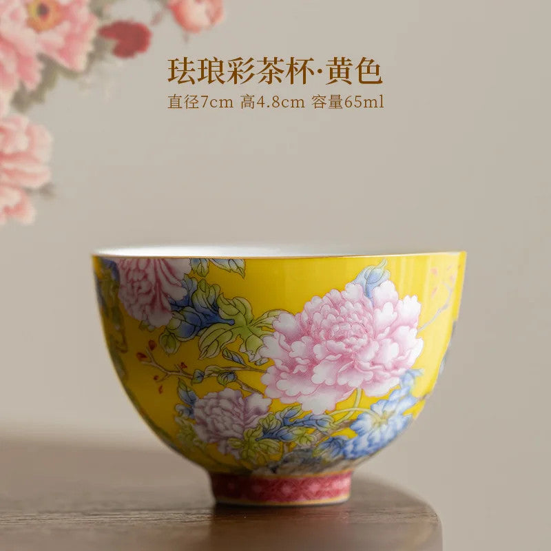 65ml Chinese Enamel Tea Cup Ceramic Peony Master Cup Tea Set Small Tea Bowl