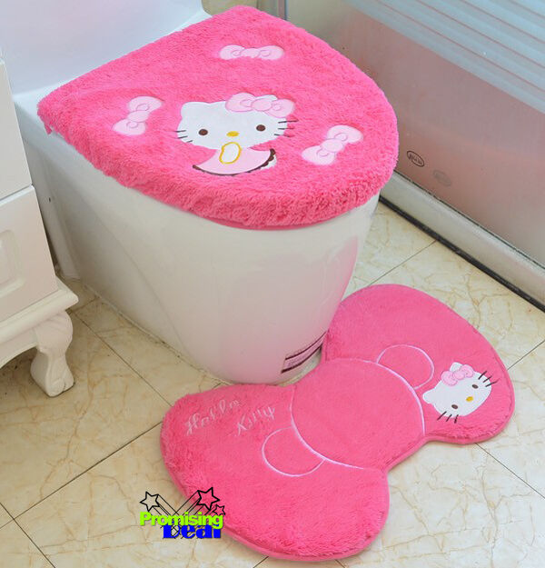 New Cute For Hello Kitty Bathroom Mat Rug Toilet Seats Lid Cover Set