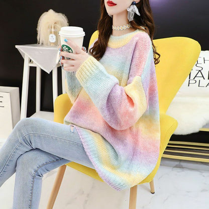 Women Rainbow Sweater Knitted Cotton Pullovers O-Neck Oversize Loose Striped Top