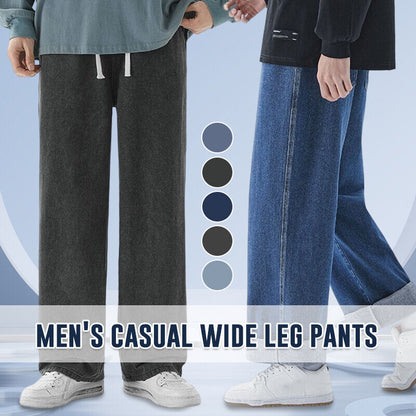 Mens Loose Wide Leg Denim Pants Drawstring Jeans Elastic Waist Baggy Trousers
