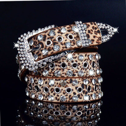 Women Leather Belt Rhinestone Fashion Men Casual Bling Jeans Waistband 110x3.3cm