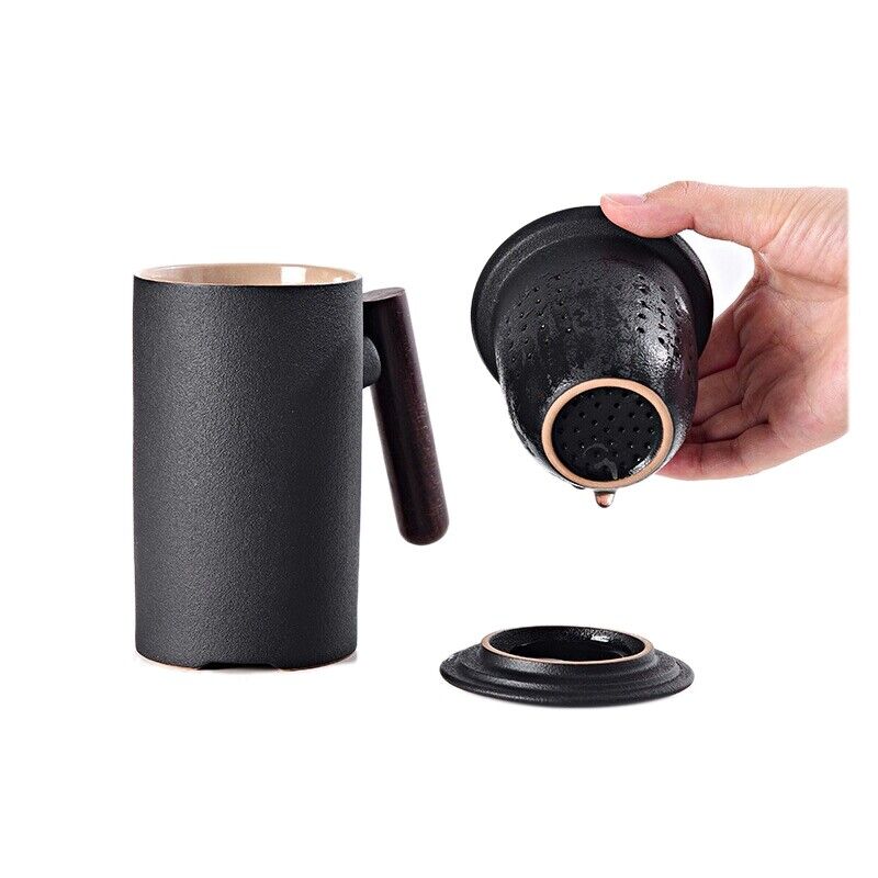 Ceramic Black Tea Mug With Infusion Wooden Handle Tea Cups