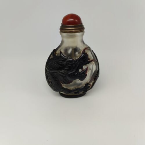 Chinese Old Beijing Glaze Carved Dragon Snuff Bottle Collectibles Curio Art