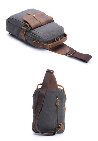 Canvas Real Leather Sling Bag One Strap Backpack Rucksack Chest Pack Vintage