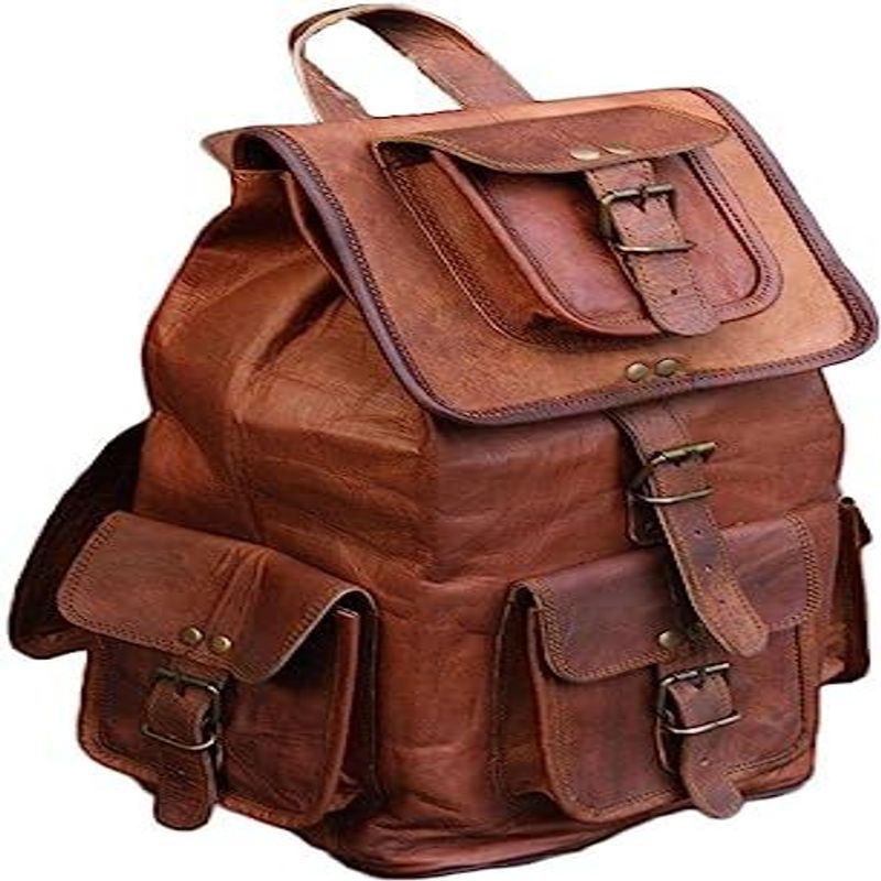 HLC 20" Genuine Leather Retro Rucksack Backpack College Bag,Picnic 20", Brown