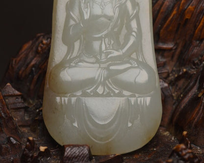 Chinese Natural Hetian Jade Carving Kwan Yin Statue Lucky Pendant Gift Amulets
