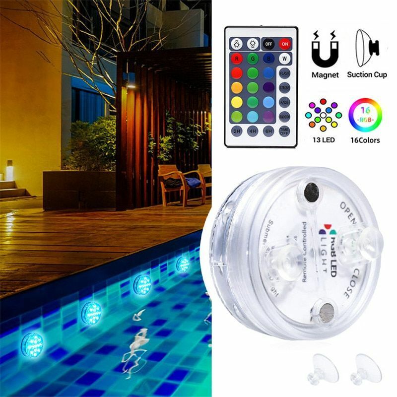 Swimming Pool Light 13 LED RGB Submersible Magnet Suction Cup Underwater Night