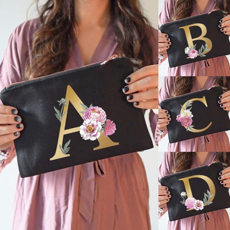 Makeup Bag Floral Alphabet Print Cosmetic Case Bridal Party Pouch Purse 14*22 CM