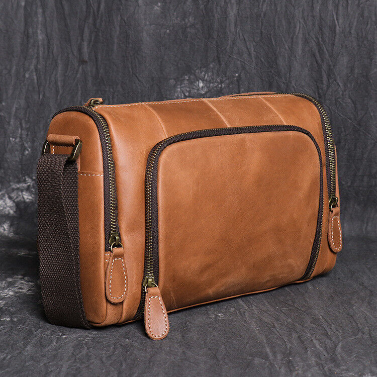 Men's Handmade Shoulder Bag 100% Crazy Horse Leather Cylinder Crossbody IPAD Bag