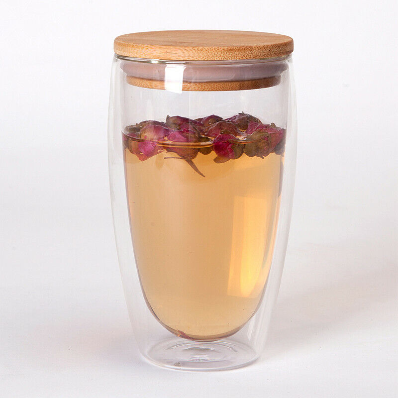 Double Glass Cup Coffee Mugs Tea Cup Tea Set Transparent Heat-resistant Wood Lid