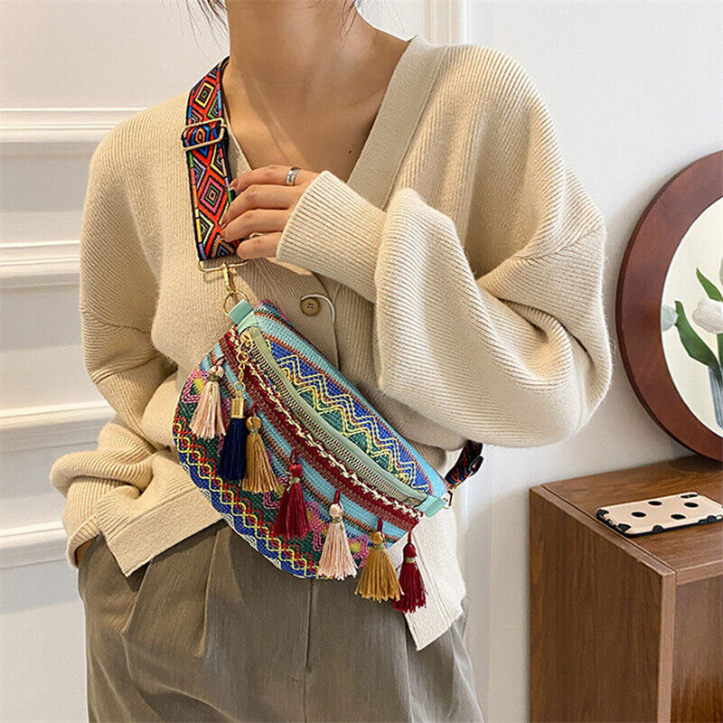 Weave Crossbody Bags Female Tassel Waist Bag Retro Leather Shoulder Packs