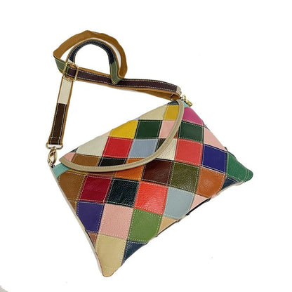Real Leather Colorful (random) Patchwork Handbag Women's Tote Sling Shoulder Bag