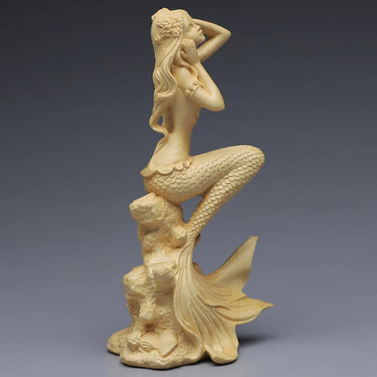 Huangyang Carved Mermaid Solid Wood Carved Crafts Office Beauty Figure statues