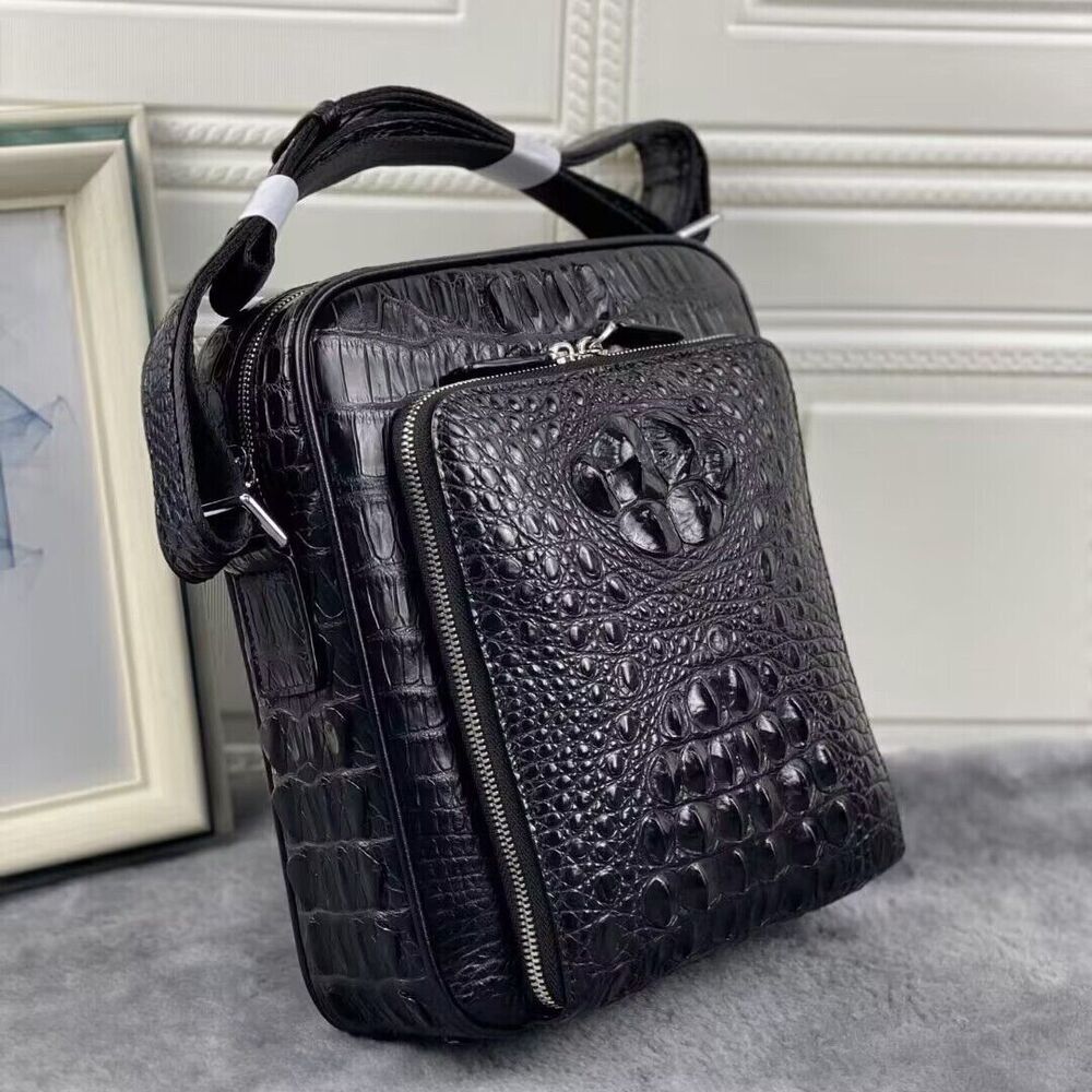 Original Crocodile Skin Leather Shoulder Bag, Black Men's Luxury Messenger Bags
