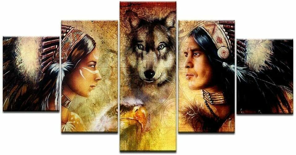 Native American and Wolf 5 Piece canvas Wall Art Print Poster Home Decor