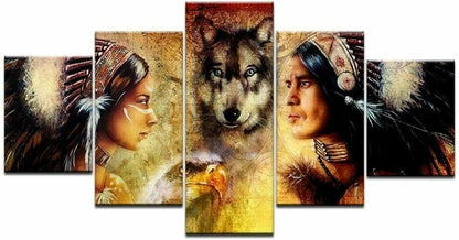 Native American and Wolf 5 Piece canvas Wall Art Print Poster Home Decor