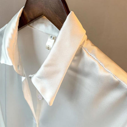 Color Ladies Baggy Solid Button-up Work Tops Blouse Women Long Sleeve Satin Silk