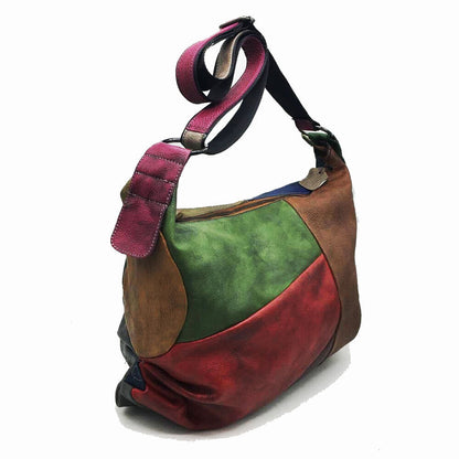 Vintage Patch Ruched Brushed Real Leather Hobo Shoulder Bag Crossbody Purse