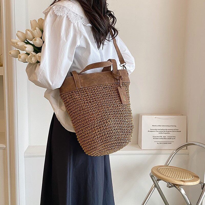 Women Zipper Weave Bag Travel Beach Bags Handmade Lady Crossbody Bag Handle