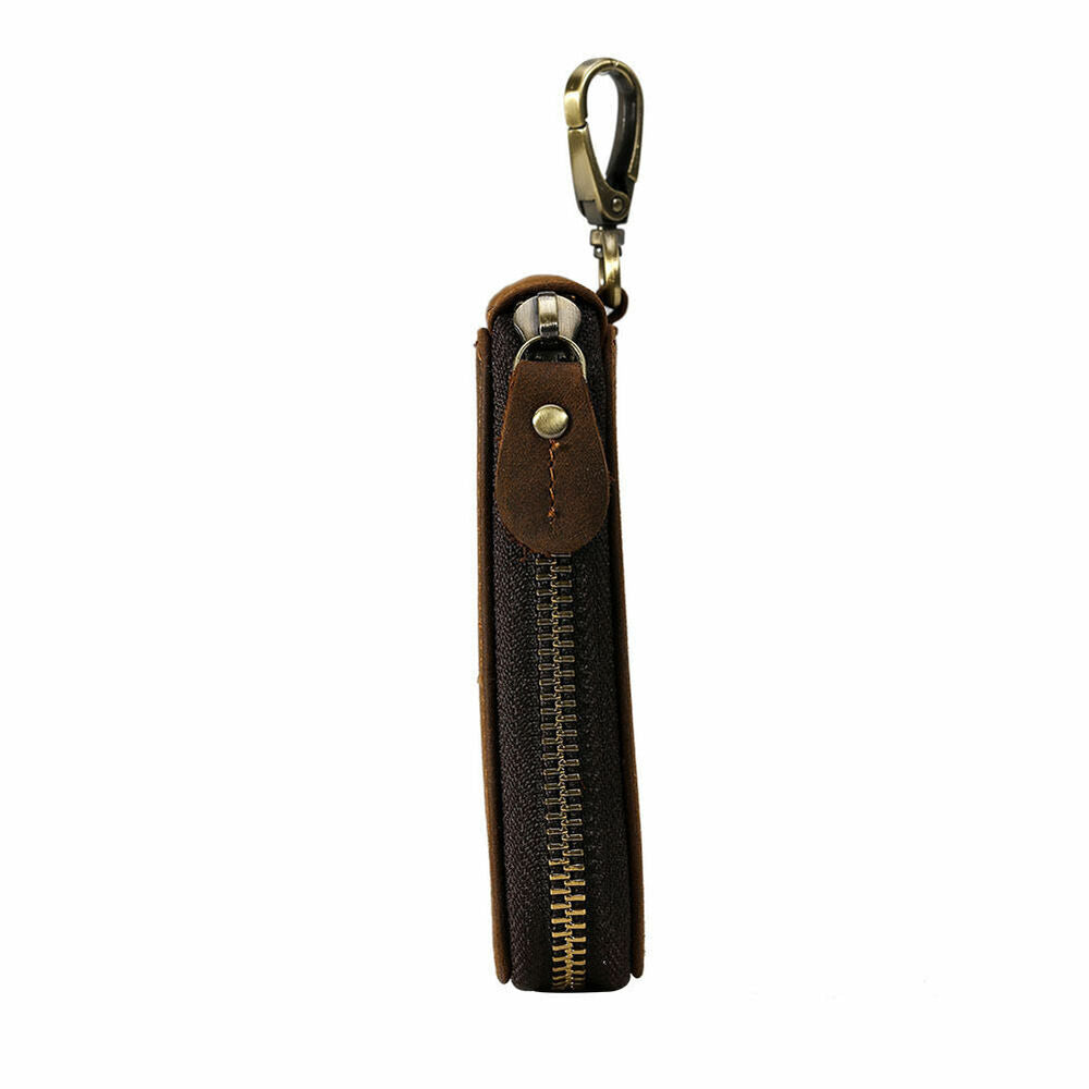 Men's Unisex Leather Belt Key Holder Case Credit Card Bag Wallet Zip Aound Brown
