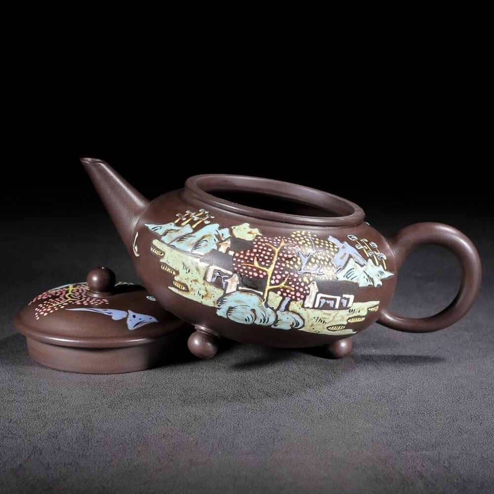 Vintage Chinese Yixing Purple Clay Teapot Zisha Painted Nice Landscape Teaware