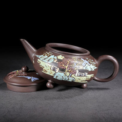 Vintage Chinese Yixing Purple Clay Teapot Zisha Painted Nice Landscape Teaware