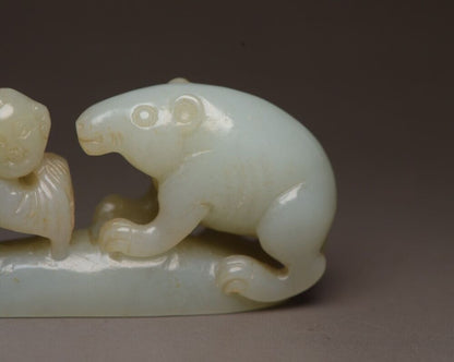 Chinese Natural Hetian Jade Carved Children Bear Statue Exquisite Figurine Art