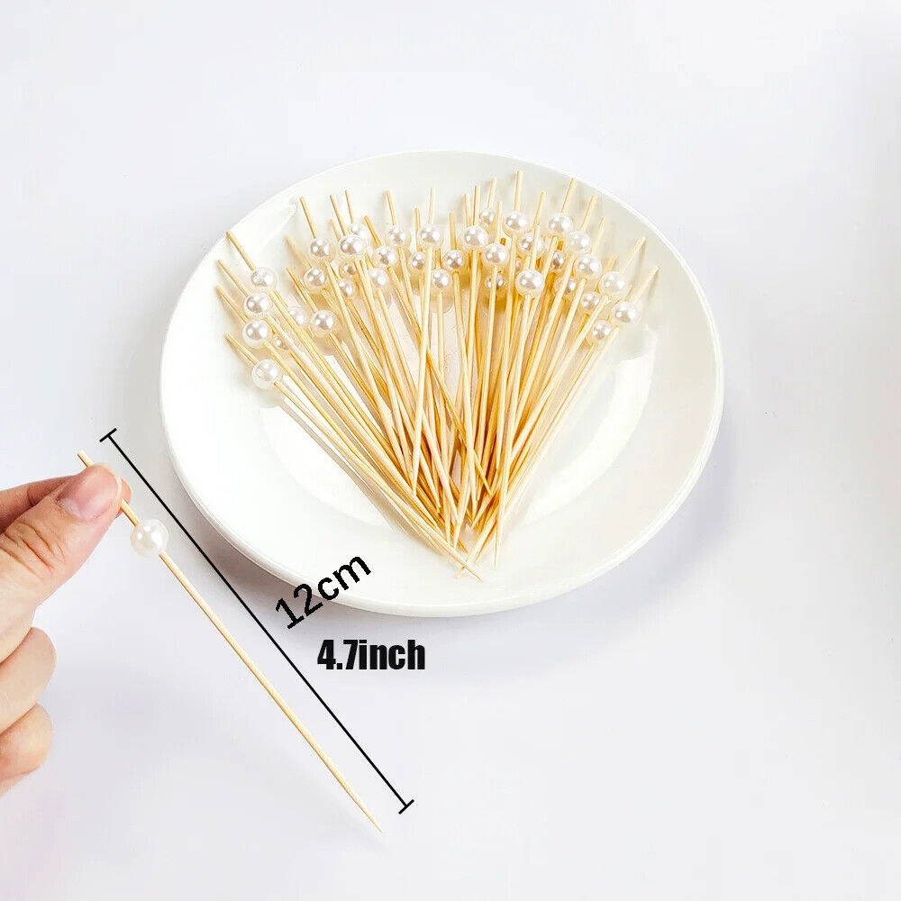Bamboo Skewer 100Pcs Wedding Pearls Disposable Wooden Cocktail Fruits Fork 12cm