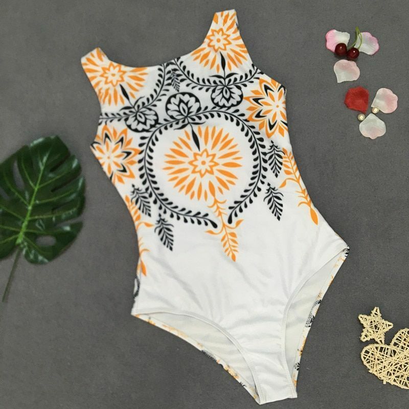 Women High Neck Boho Closed Thong Swimwear One Piece Swimsuit Monokini Bodysuit