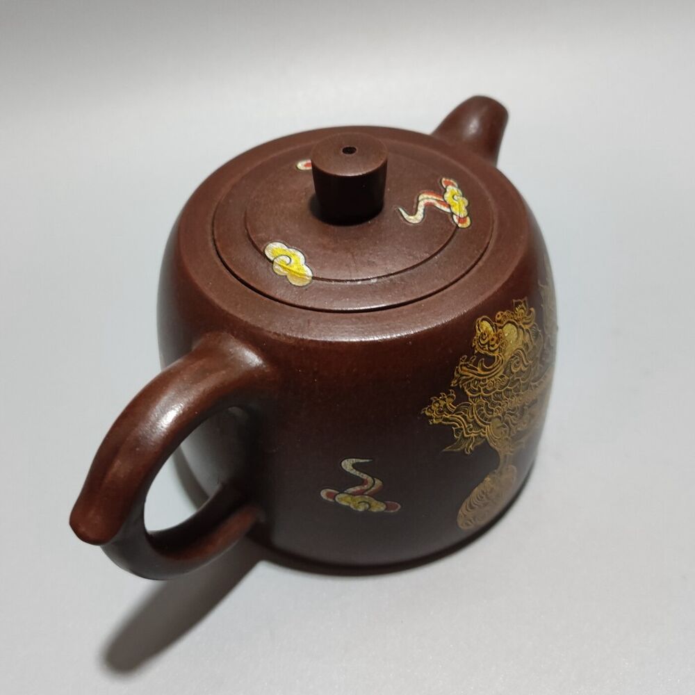 Vintage Chinese Yixing Purple Clay Teapot Zisha Ceremony Painted Kylin Teaware