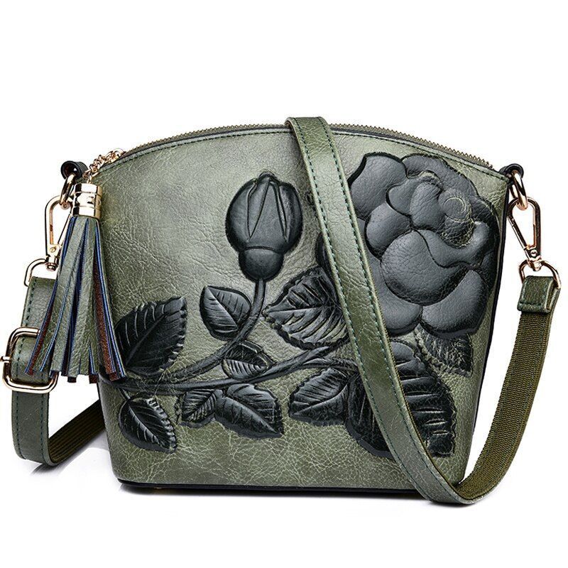 Messenger Leather Shoulder Bag Crossbody Vintage Purse Embossed Tassel Shell Bag