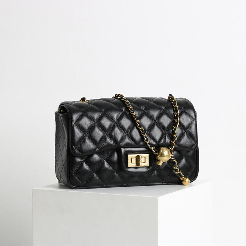 Quilted Real Leather Small Flap Purse Handbag Shoulder Bag w/ Chain Clutch Pouch