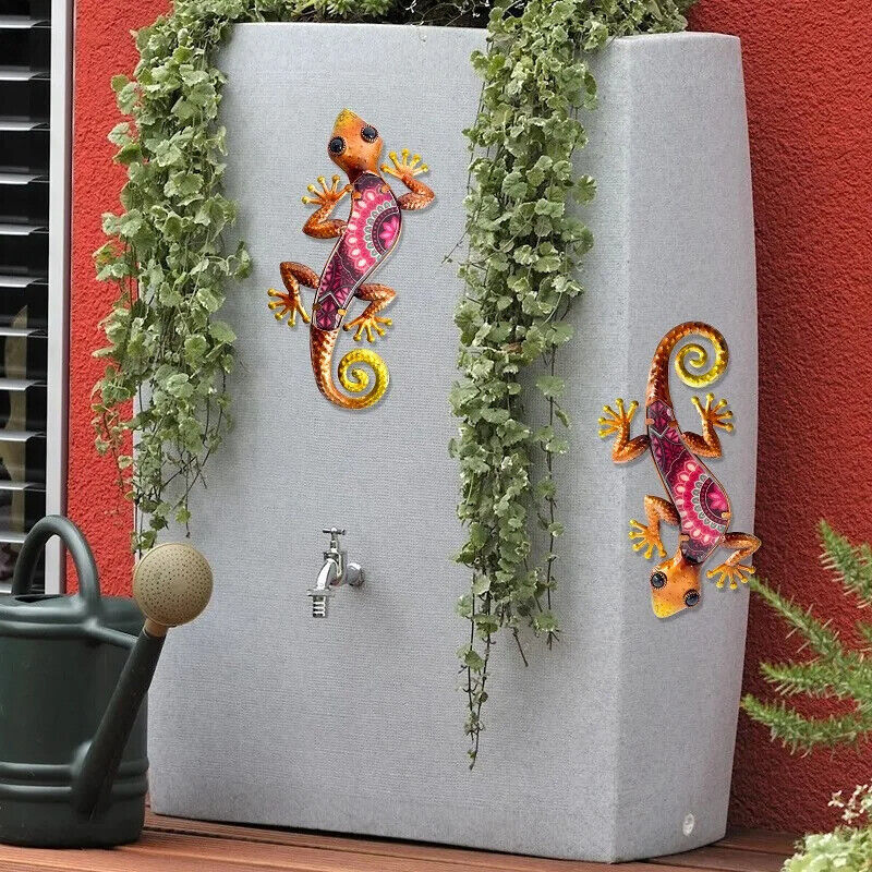 Wall Decoration 2Pcs Metal Gecko Lizard Sculptures Garden Yard Patio Art Statues