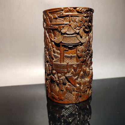 chinese carved brush pot pots pen case statue wood carving Happy child story men