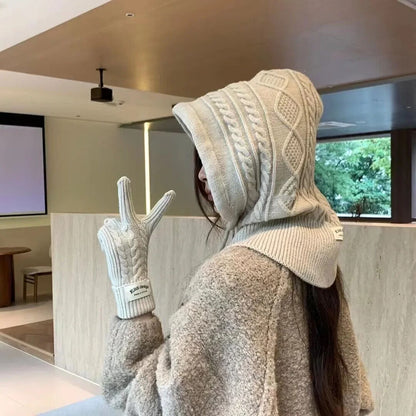 Women Winter Knitted Hat Gloves Set Warm Thicken Imitation Cashmere Scarf Shawls