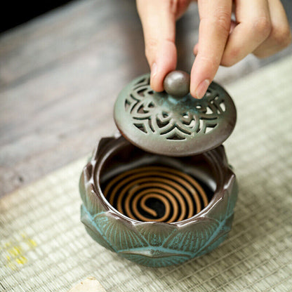 Chinese Retro Hollowed Out Lotus Green Pottery Plate Incense Burner Sandalwood
