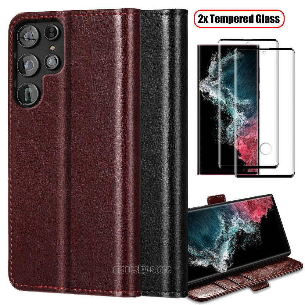 For Samsung Galaxy S22/Ultra/+ 5G Case, Shockproof Leather Cover +Tempered Glass