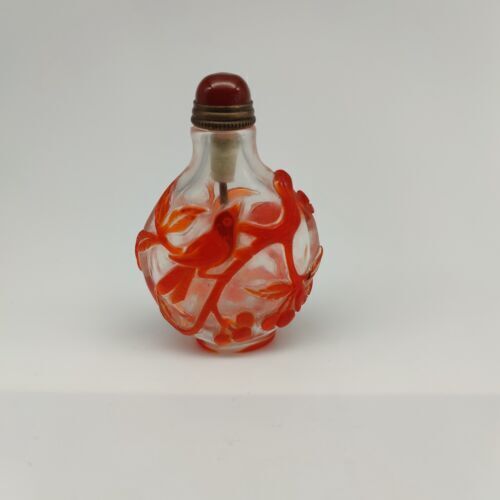 Chinese Old Beijing Glaze Carved Flowers And Birds Snuff Bottle Collectibles Art