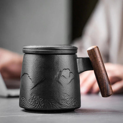 Tea Mugs Ceramic Tea Coffee Cup Beer Mug Infuser Lid Wooden Handle Tableware