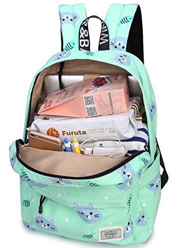 mygreen Bookbags for 14 inch Laptop, Green, Cat and Fish, 14 Inch Laptop