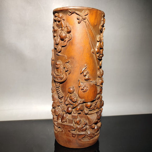 chinese children play kite statue desk study wood brush pot wooden decor carved