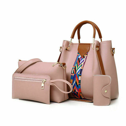 4PC Women PU Leather Handbag Shoulder Bag Crossbody Satchel Messenger Purse Tote