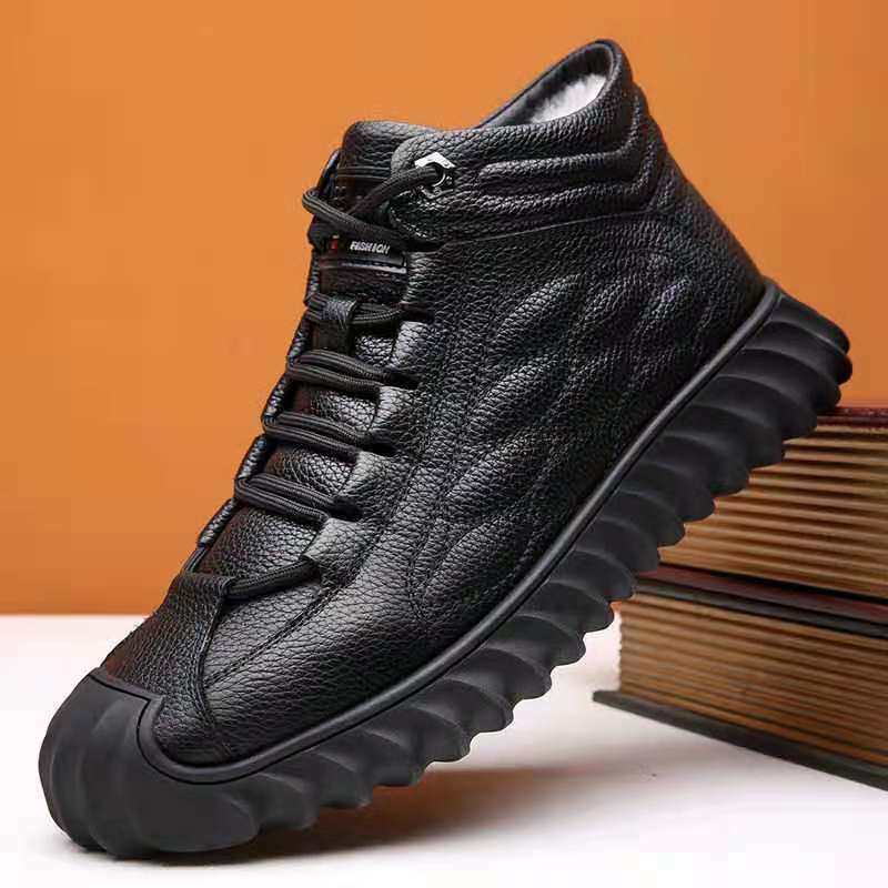 Winter Fur Lined Men's Warm Lace-Up Shoes Faux Leather High-Top Ankle Snow Boots