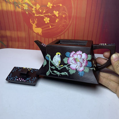 Vintage Chinese Yixing Purple Clay Teapot Zisha Painted Flower Bird Teaware Rare