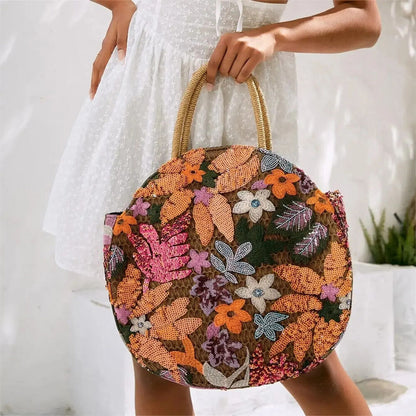 Women Floral Sequins and Straw Tote Bag Round Handbag Vacation,Travel,Party