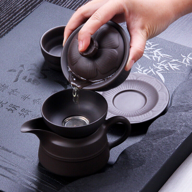 Chinese gaiwan zisha purple clay tureen lotus design cup bowl saucer with lid