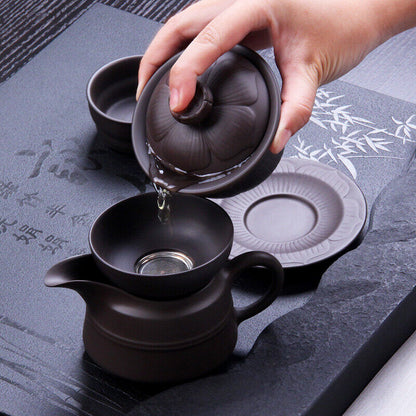 Chinese gaiwan zisha purple clay tureen lotus design cup bowl saucer with lid