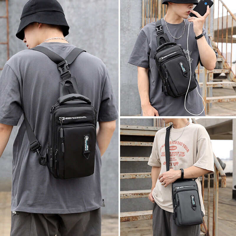 Men Nylon Waterproof Phone Chest Bag USB Small Crossbody Sling Bag Shoulder Bag