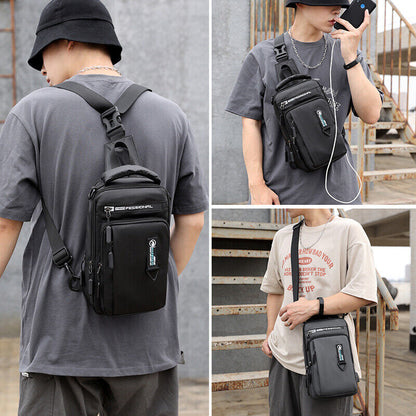 Men Nylon Waterproof Phone Chest Bag USB Small Crossbody Sling Bag Shoulder Bag