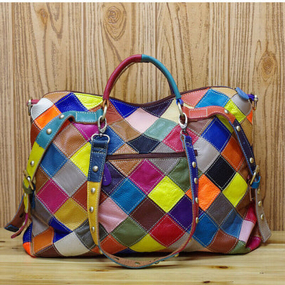 Genuine Cowhide Leather Colorful Blocks Patchwork Handbag Women's Tote Crossbody